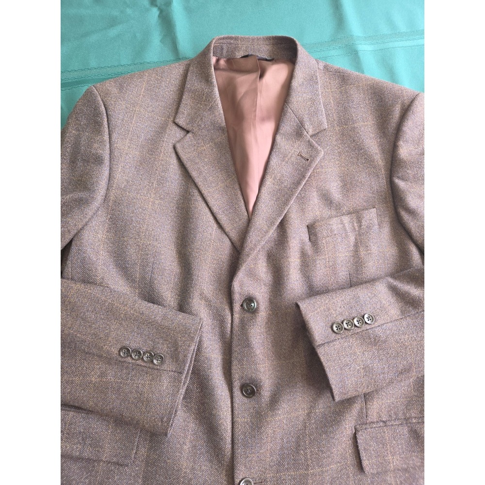 Stafford Executive Mens Wool Cashmere Blazer Brown Windowpane 3 Button 42/44